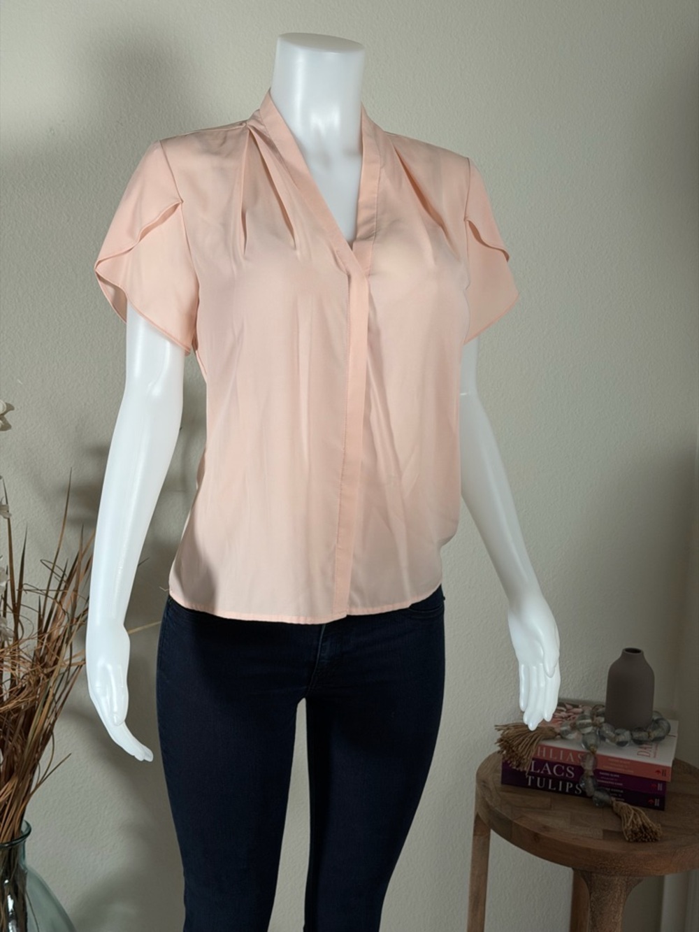 Blouse by Calvin Klein. Peach, V-Neck, Flutter Sleeve